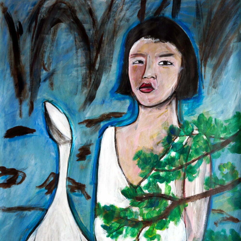 Painting of woman standing behind a ceramic Swan and bonsai tree.