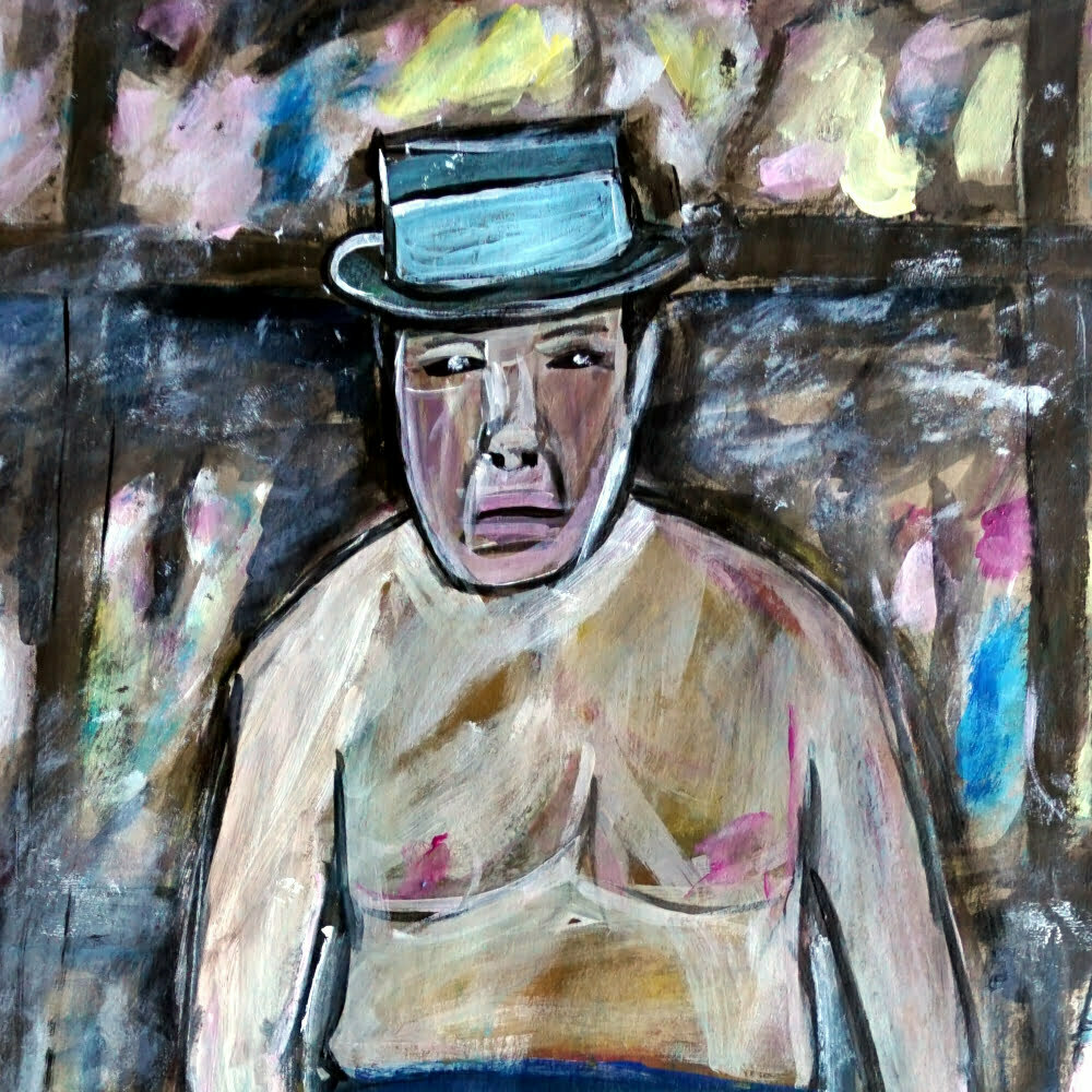 Painting of a man in bathing suit on the beach wearing his shoes with black socks and hat.