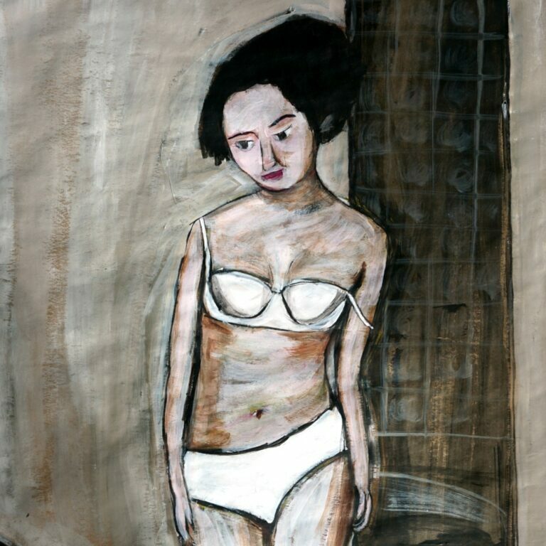 Painting of a woman standing in a dark hallway in her underwear