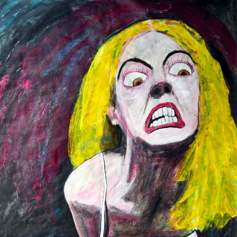 Painting of Arrow De Wilde, looking like a demon, teeth clenched and eyes wide.