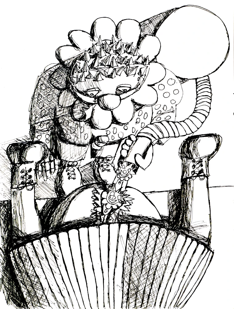 Drawing of a clown having an abortion by vacuum.