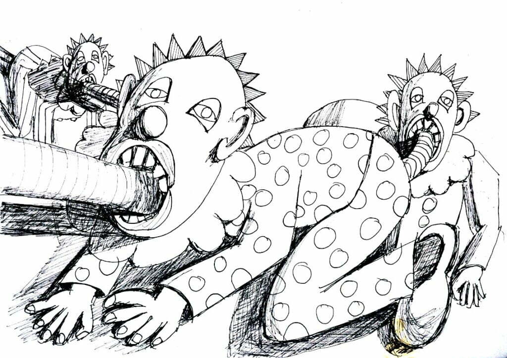 Drawing of a row of clowns all having a pipe going down their throat coming out their anus and then into another clowns mouth no and on.