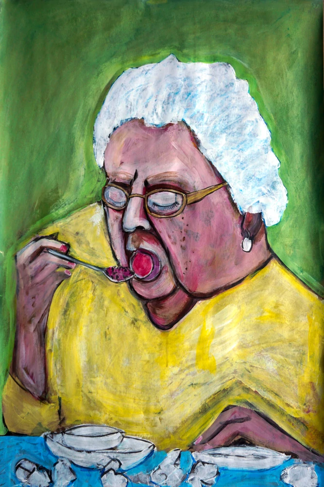 Portrait painting by Chris Dale of old woman at table eating dessert.