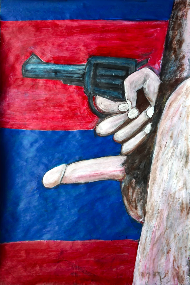 Painting of a penis and gun pointing in the same direction