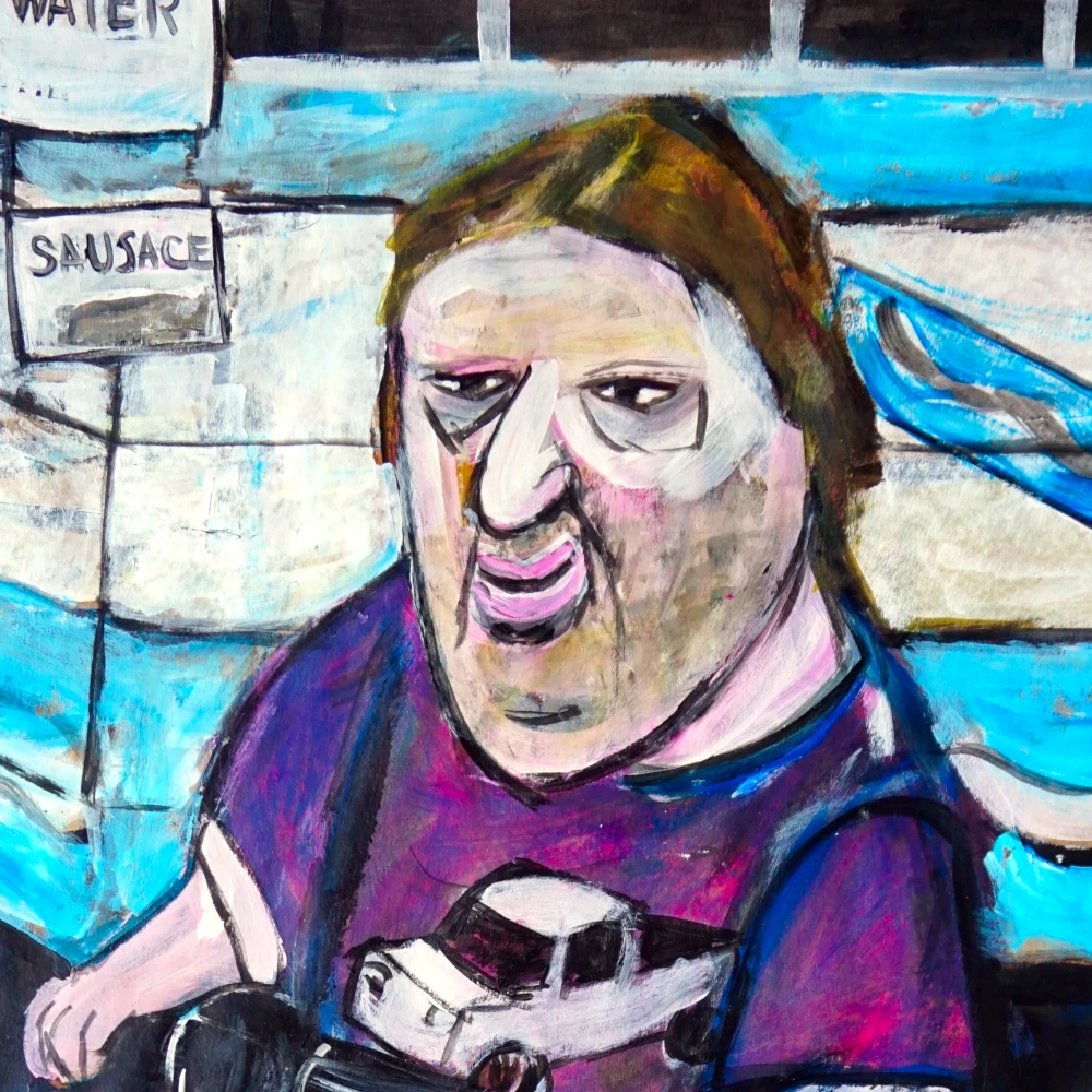 Painting of an overweight man in wearing shorts riding a fat person scooter.