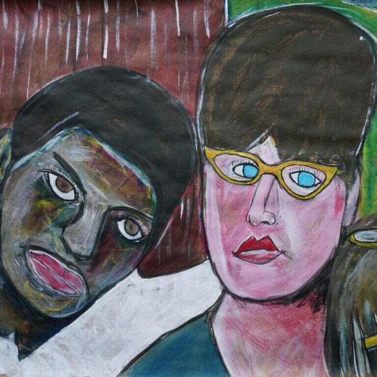 Painting of a young black man resting his head on a white girl's with beehive hairdo shoulder.