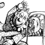 Drawing of a clown hitting another clown in a car.