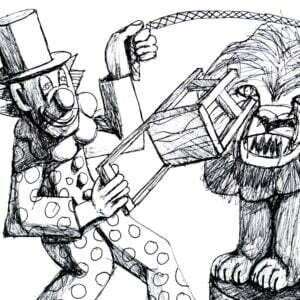 Drawing of a clown taming a lion.