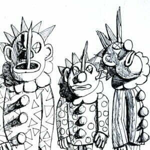 Drawing of Clowns impaled on stakes.
