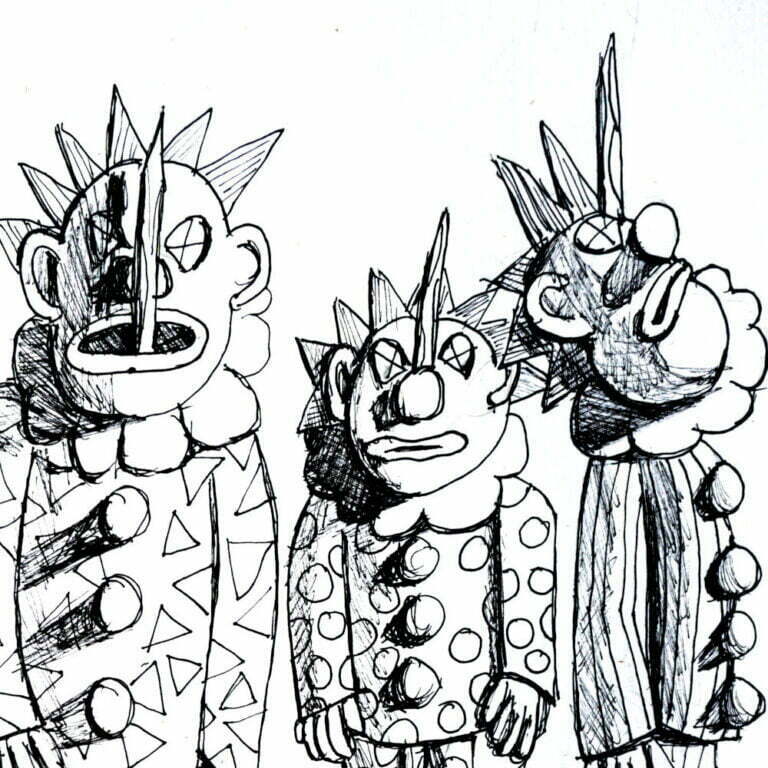 Drawing of Clowns impaled on stakes.