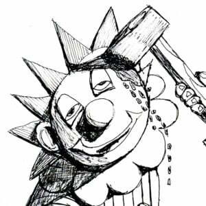 Drawing clown be hitting head with hammer.