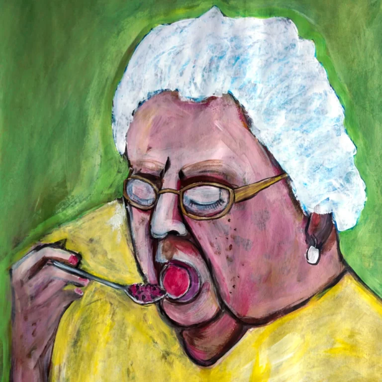 Painting of old woman at table eating dessert.