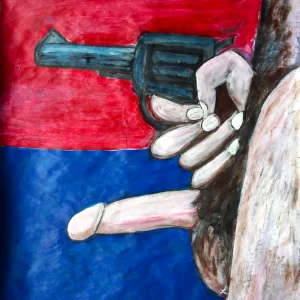 Painting of a penis and gun pointing in the same direction