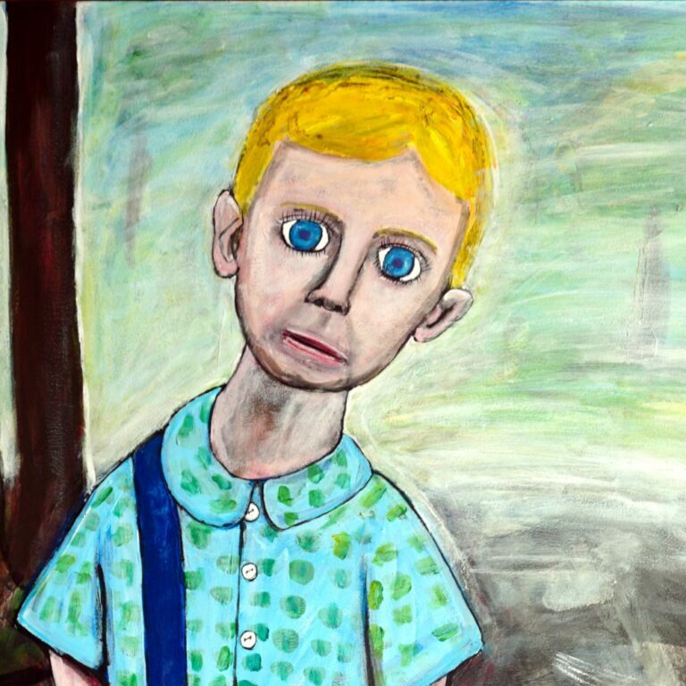 Painting of young boy in park holding a toy hand grenade in the checkered shirts and shorts.