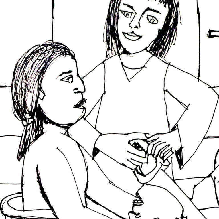 Drawing of two women in a kitchen with a man on a table sawing off his head.
