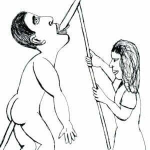 Drawing of a man being impaled on a stake by a woman.
