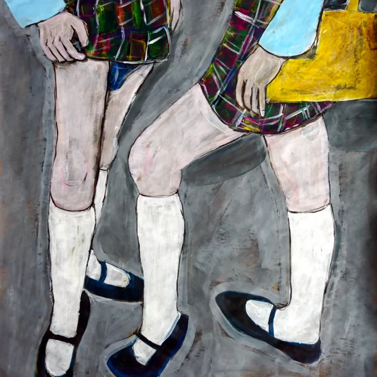 Painting of two girls with white knee socks wearing plaid dresses.