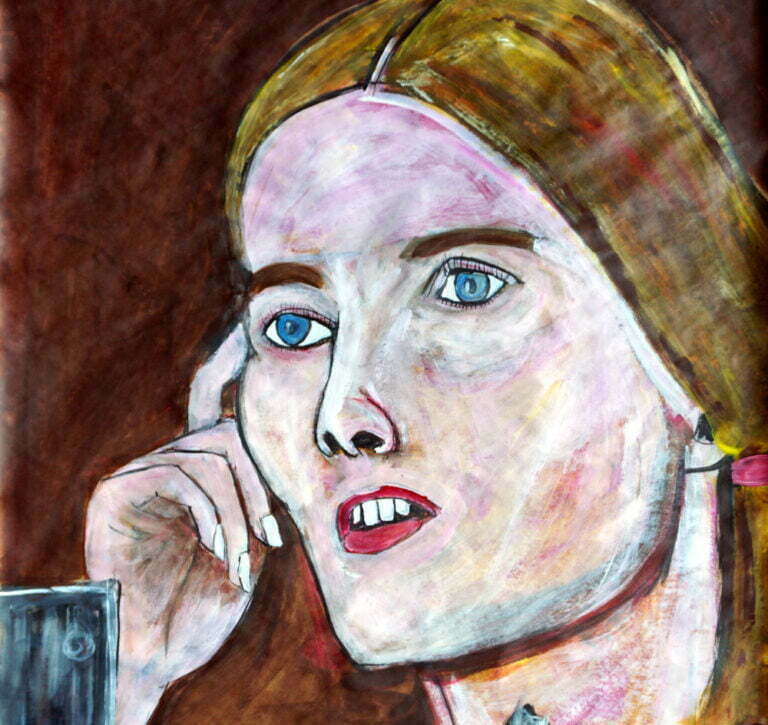 Painting of Linda Kasabian on witness stand.