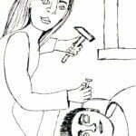Drawing of a woman with a hammer and nail ready to implant it in to the man's head.