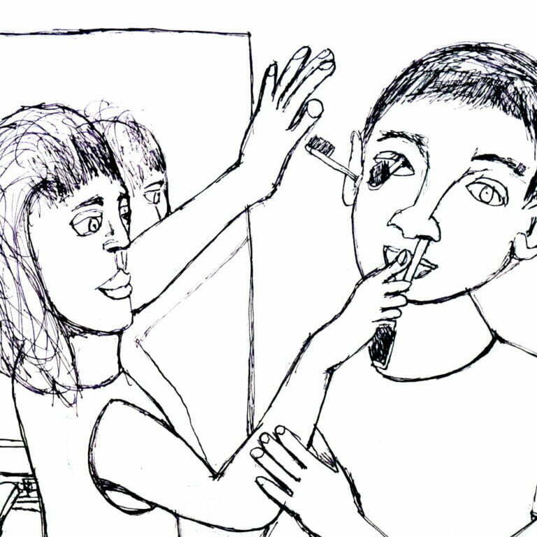 Drawing of a woman stabbing a man in the head with toothbrushes.