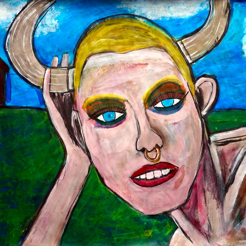 Painting of a Gracie Grace in a farmer's field with horns on her head.