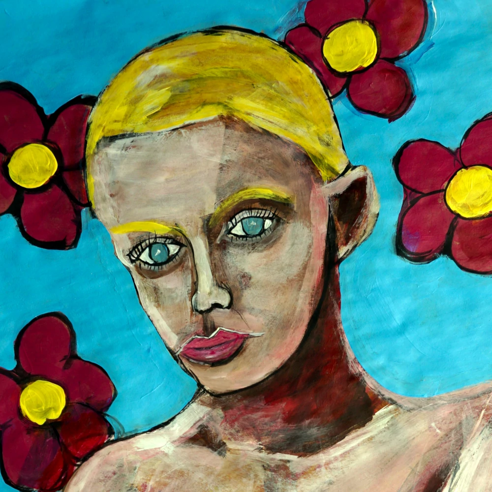 Painting of a naked Gracie Grace against the background of red flower