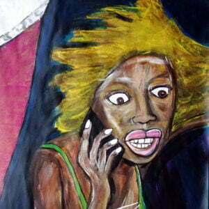 Painting of woman shocked by phone conversation. shocking-news
