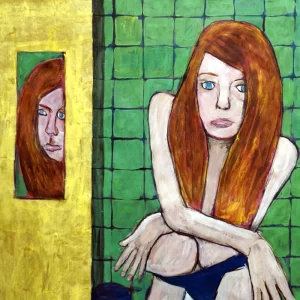Painting of a person on the toilet with long hair and small mirror.