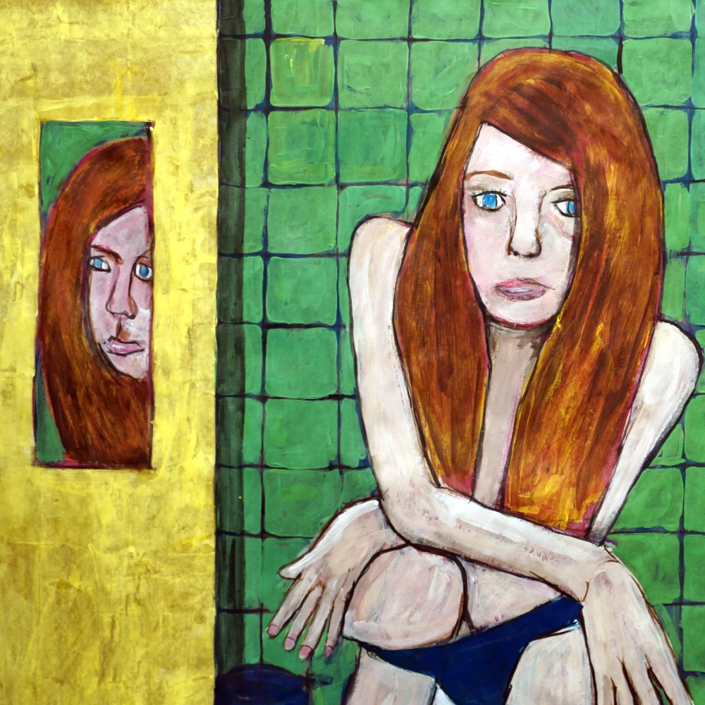 Painting of a person on the toilet with long hair and small mirror.