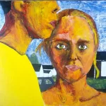 Painting of man and woman at dusk in their Suburban neighbourhood.