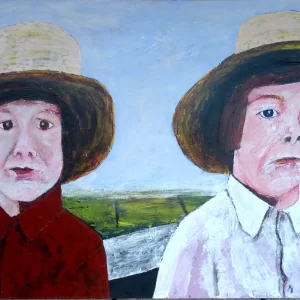 Painting of two Amish farms where Sunday best and hat.