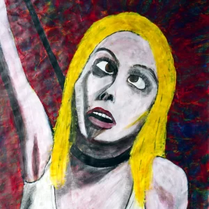 Painting of Arrow De Wilde choking herself with a leash around her neck.