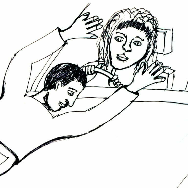 Drawing of a woman in a car hitting a man.