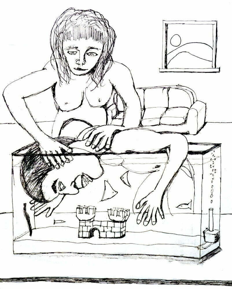Drawing of a woman drowning a man in a fish tank with a castle.