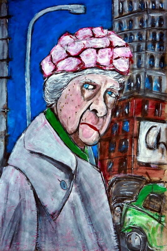 Painting of an older woman outside winter wearing a flower hats and coat.