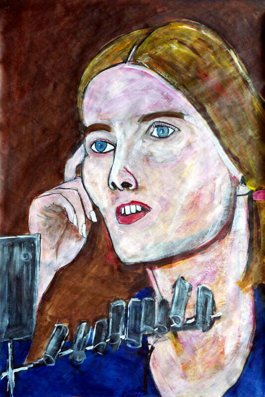 Painting of Linda Kasabian on witness stand.