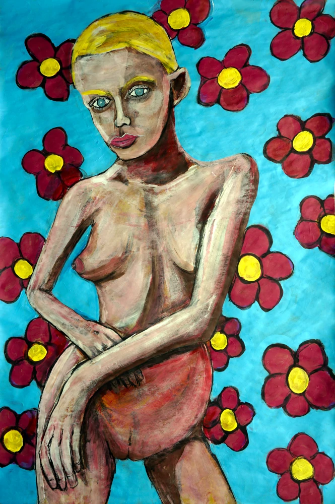 Painting of a naked Gracie Grace against the background of red flower