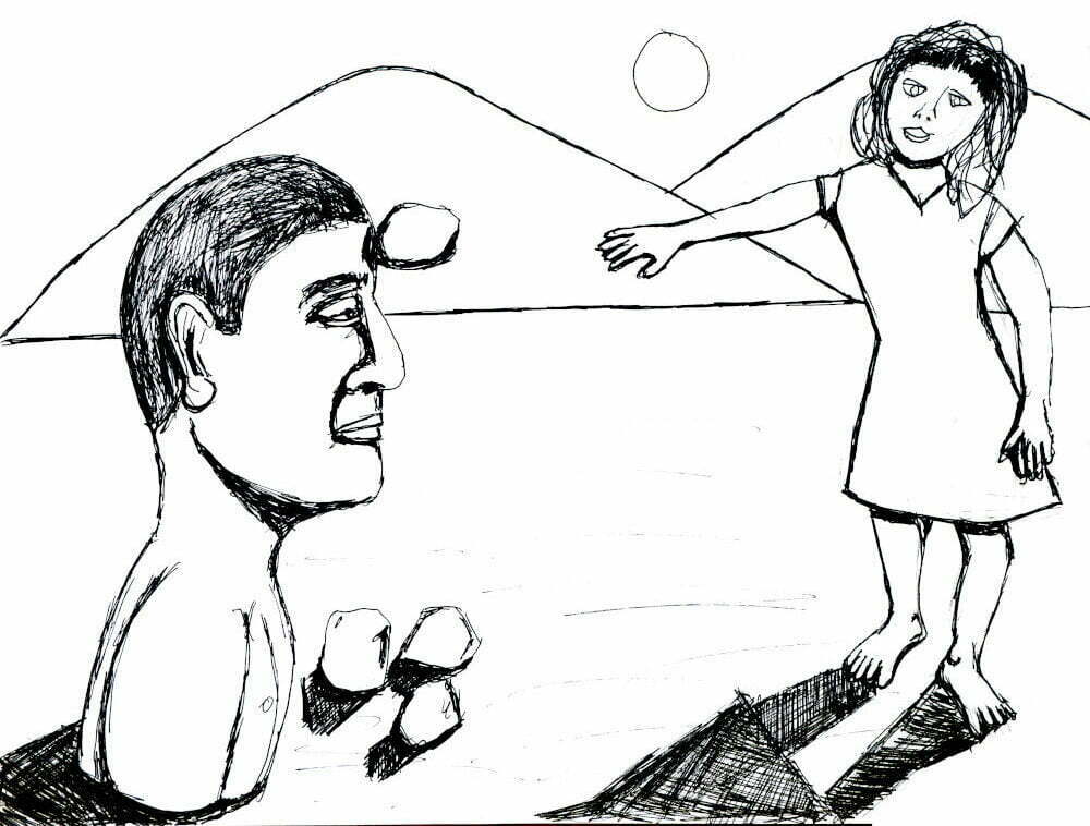 A drawing of a person throwing a rock at another person half buried in sand.