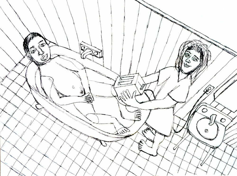 Drawing of woman throwing toaster, bathtub where a  man is bathing.