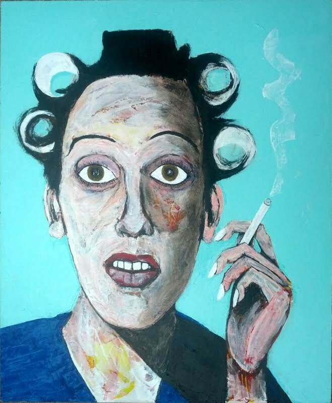 Painting of someone in curlers smoking a cigarette, wearing a v neck sweater.