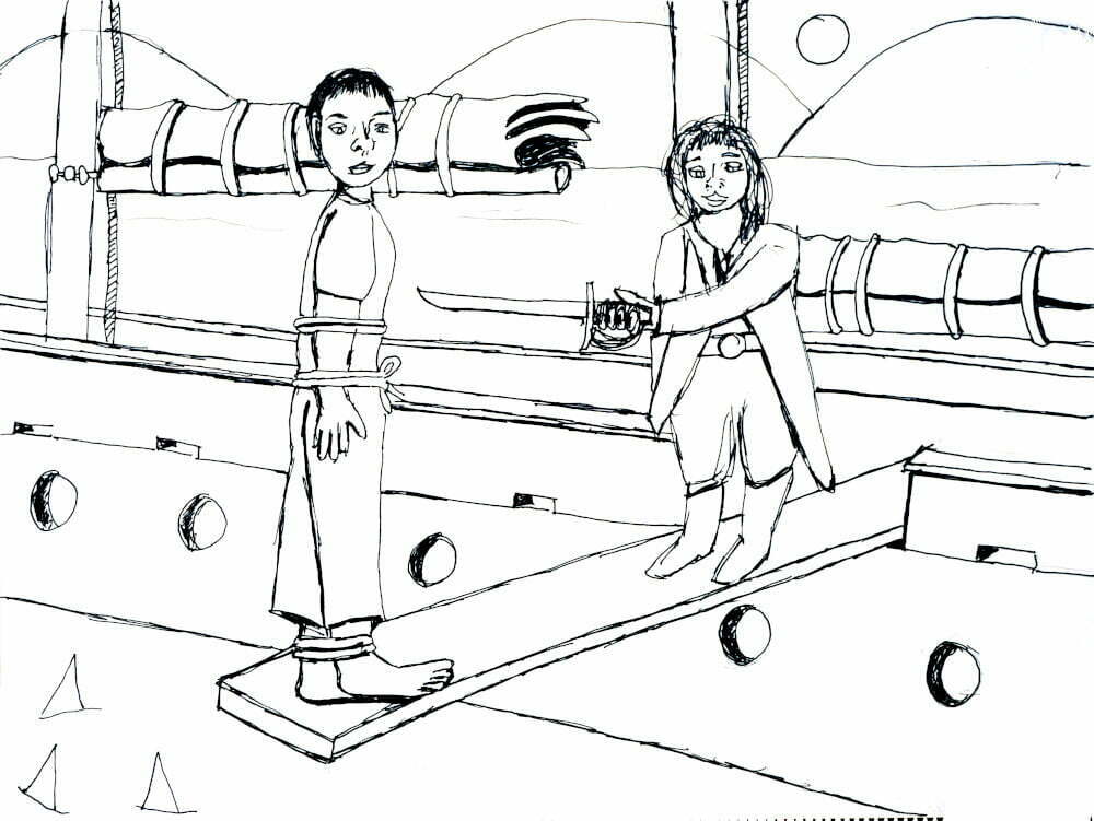 Drawing of a man forcing another man to walk the plank.