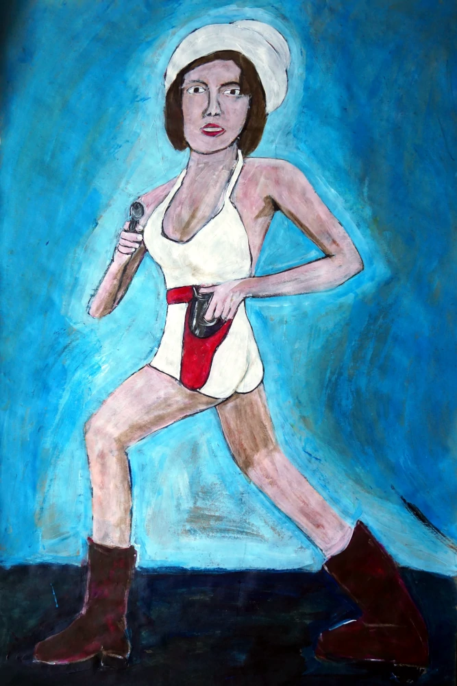 Painting of woman with cowboy hat pulling gun from holster.