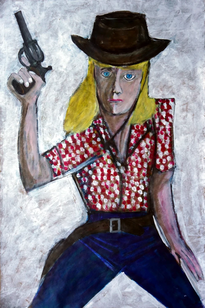 Painting of woman with cowboy hat, checkered shirt pulling gun from holster.