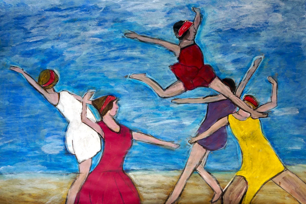Painting of five women dancing on the beach.