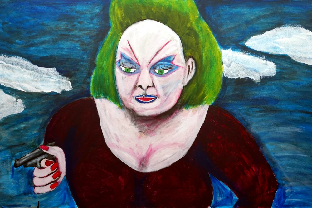  Painting of Divine in Pink Flamingos wearing a red dress and big hair holding a gun.