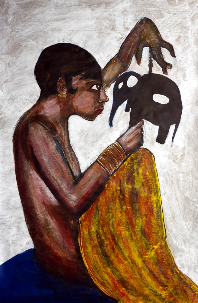 Painting of a Josephine Baker looking at an elephant cutout.