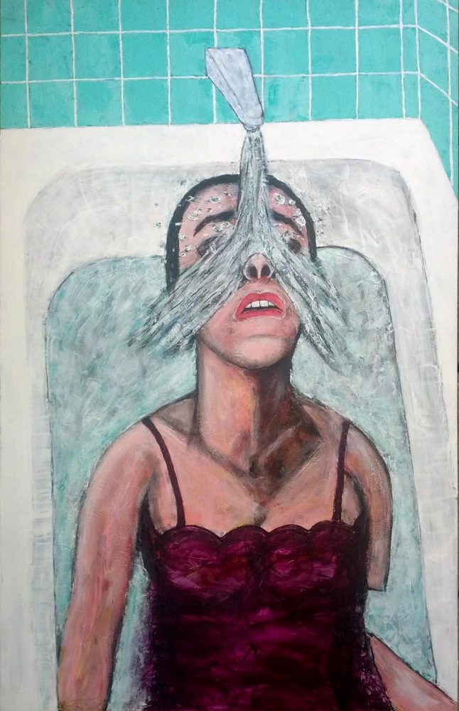 Painting by Chris Dale of a woman in her lingerie laying in a bathtub with water rushing over her face from the tap.