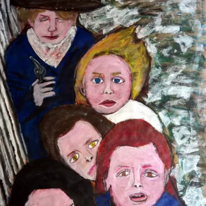 Painting of children against the fence, one with a toy gun.