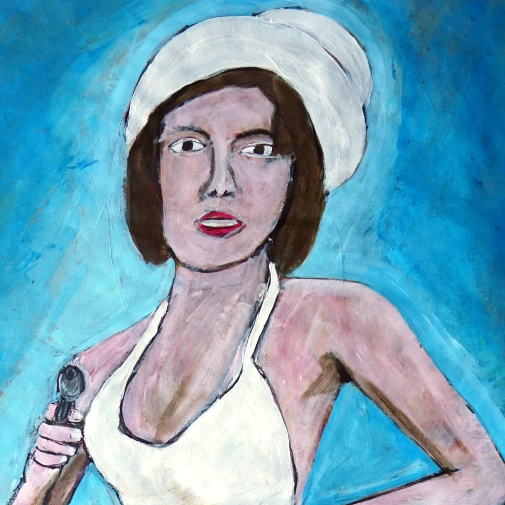 Painting of woman with cowboy hat pulling gun from holster.