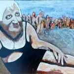 Painting by Chris Dale of an elderly woman sunning on the crowded beach.